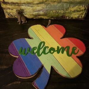 Wood Rainbow Shamrock Welcome Sign